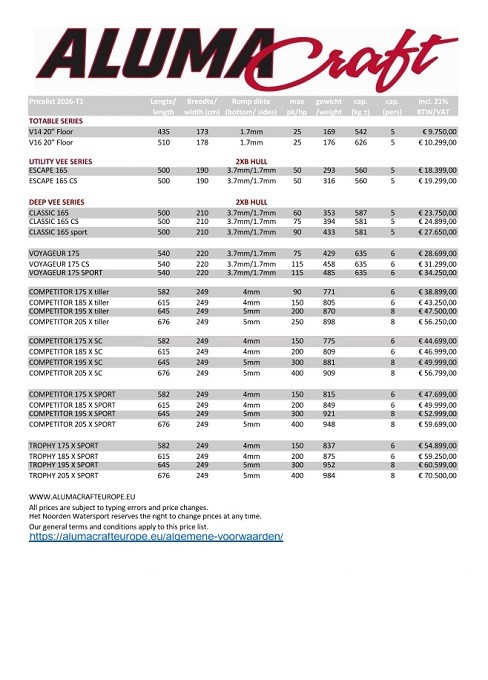 Prijslijst Alumacraft 2026